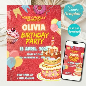 Modelo de convite editável para festa de aniversário no Canva | Convite para festa com bolo e balões | Cartão divertido para festa infantil | Download instantâneo | Modelo digital