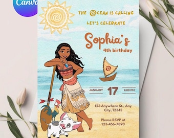 Editable Moana Invitation, Moana Invite, Kids Theme Party Digital Birthday Invite, Hawaiian Kids Party Template, Instant Download Invitation
