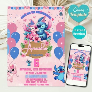 Convite de aniversário com ponto cruz, modelo editável do Canva, convite fofo para festa de alienígena azul para meninas, download instantâneo, tema tropical