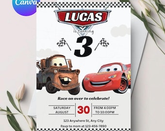 Cars Birthday Invitation, Lightning McQueen, Editable Canva Template (Digital Invitation)
