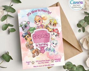 Editable Paw-ty Birthday Invitation Template | Puppy Patrol Pup Crew Boys & Girls Bday | Kids Printable Party Invitation | Pink invite