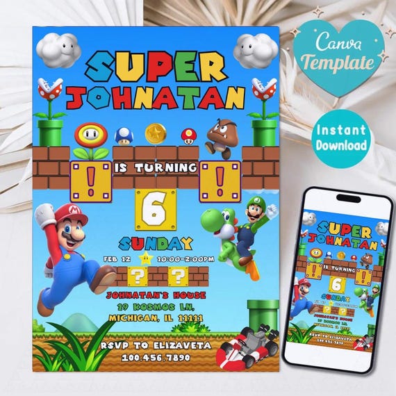 Super Mario Birthday Invitation, Editable Video Game Invite (Instant Download)