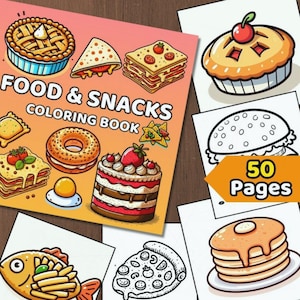 Digital målarbok för mat och snacks, direktnedladdning, mysig målarbok, djärv och enkel PDF-fil, söt och lättsam målarbok
