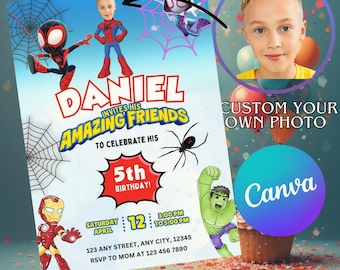 Aangepaste bewerkbare aquarel uitnodiging voor verjaardagsfeestje Spidey en zijn geweldige vrienden | Sjabloon superheld afdrukbaar | Direct downloaden