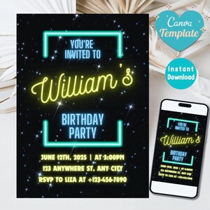 Convite de aniversário neon editável para meninos - Modelo de convite de festa legal Canva - Download instantâneo, impressão, cartão de aniversário digital