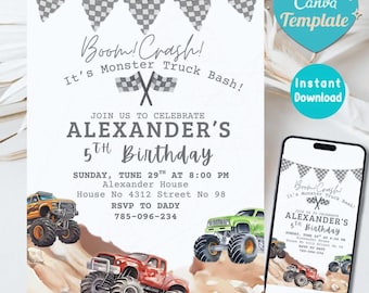 Monster Truck Birthday Invite, Editable Monster Truck Birthday Invitation Template For Boys, Truck Birthday Invite, Monster Truck Invitation