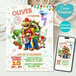 Convite Mario Bros, convite de aniversário para menino e menina, convite do filme Super Mario, download instantâneo, modelo de convite de aniversário de videogame