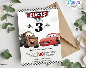 Cars Birthday Invitation, Lightning McQueen, Editable Canva Template (Digital Invitation)