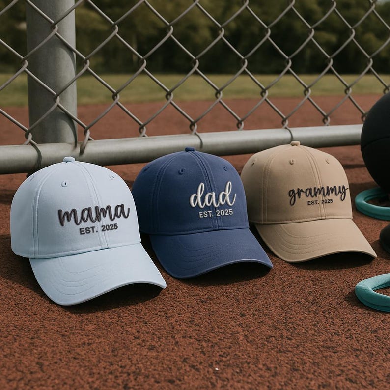 Pu&ograve; includere: Tre cappellini da baseball in azzurro, blu navy e beige. Il cappellino azzurro dice "mama" con "EST. 2025". Il cappellino blu navy dice "dad" con "EST. 2025". Il cappellino beige dice "grammy" con "EST. 2025".
