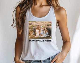 May include: White tank top with a square image of a family picnic in a lavender field. The image has the text "YOUR IMAGE HERE" in a black font.