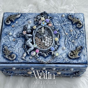 Angel’s Garden – Handmade Cherub Jewelry Box, Upcycled Vintage Style, Blue and Silver
