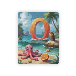 Rompecabezas de la letra O: divertido rompecabezas de aprendizaje del alfabeto para niños y arte mural para deletrear tu nombre: búho, naranja, pulpo y escena del océano.