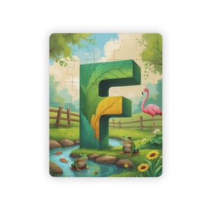 Rompecabezas de la letra F: divertido rompecabezas para aprender el alfabeto para niños y arte mural para deletrear tu nombre: rana, flamenco, cerca, pez y escena de flores.