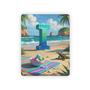 Rompecabezas de la letra I: divertido rompecabezas de aprendizaje del alfabeto para niños y arte mural para deletrear tu nombre: escena de helado, iguana y cubitos de hielo.