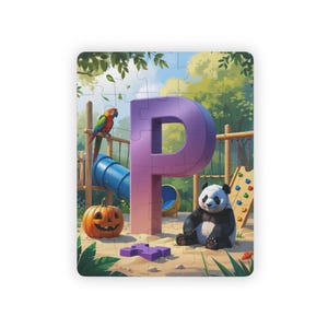 Rompecabezas de la letra P: divertido rompecabezas para aprender el alfabeto para niños y arte mural para deletrear tu nombre: panda, pieza de rompecabezas, loro y escena de calabaza.