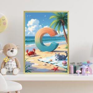 Rompecabezas de la letra C: divertido rompecabezas para aprender el alfabeto para niños y arte mural para deletrear tu nombre: cangrejo, gato, cocotero, cupcake, escena de nubes.