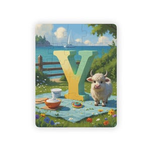 Rompecabezas de la letra Y: divertido rompecabezas para aprender el alfabeto para niños y arte mural para deletrear tu nombre: escena de yak, yo-yo, yate y yogur.