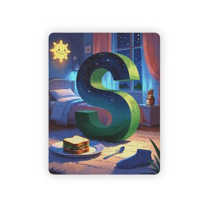 Rompecabezas de la letra S: divertido rompecabezas de aprendizaje del alfabeto para niños y arte mural para deletrear tu nombre: escena de sol, estrellas, serpiente, sándwich, cuchara y calcetines.
