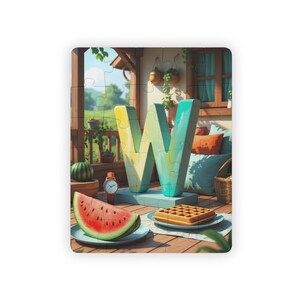 Rompecabezas de la letra W: divertido rompecabezas para aprender el alfabeto para niños y arte mural para deletrear tu nombre: sandía, gofre, ventana y escena de reloj.