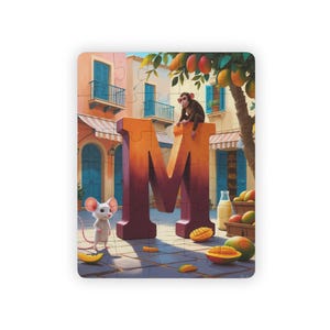 Rompecabezas de la letra M: divertido rompecabezas para aprender el alfabeto para niños y arte mural para deletrear tu nombre: escena de mono, mango, leche y ratón.