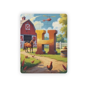 Rompecabezas de la letra H: divertido rompecabezas para aprender el alfabeto para niños y arte mural para deletrear tu nombre: escena de caballo, sombrero, casa, helicóptero y gallina.