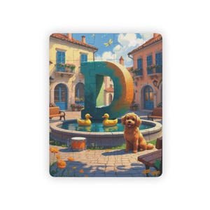 Rompecabezas de la letra D: divertido rompecabezas para aprender el alfabeto para niños y arte mural para deletrear tu nombre: escena de perro, tambor, pato y libélula