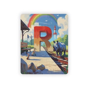 Rompecabezas de la letra R: divertido rompecabezas de aprendizaje del alfabeto para niños y arte mural para deletrear tu nombre: escena de arcoíris, conejo, roca, robot, cohete y rinoceronte.