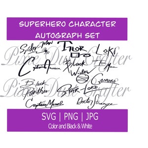 Set di autografi della firma del personaggio del supereroe SVG / JPG / PNG / Capitano / Pantera / Odinson, autografi del personaggio