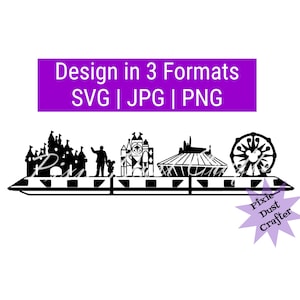 May include: Black and white silhouette of the Disney World monorail with iconic landmarks like Cinderella's Castle, Space Mountain, and the Magic Kingdom Ferris wheel. The text "Design in 3 Formats SVG | JPG | PNG" is at the top of the image. The text "Pixie Dust Crafter" is at the bottom of the image.