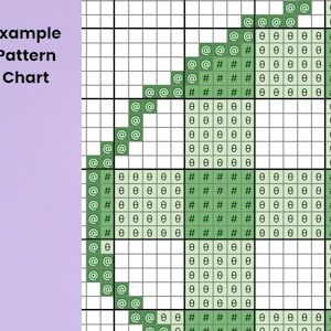 May include: A cross-stitch pattern chart with the words "Example Pattern Chart" in black text. The chart features a grid with symbols including "@", "#", and "&theta;" in green and white, creating a geometric design.