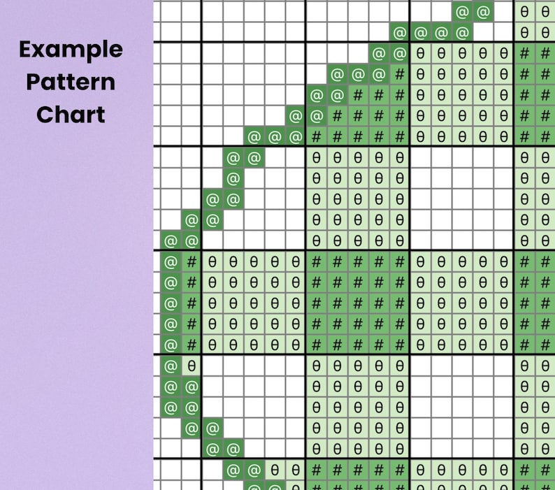 May include: A cross-stitch pattern chart with the words "Example Pattern Chart" in black text. The chart features a grid with symbols including "@", "#", and "&theta;" in green and white, creating a geometric design.