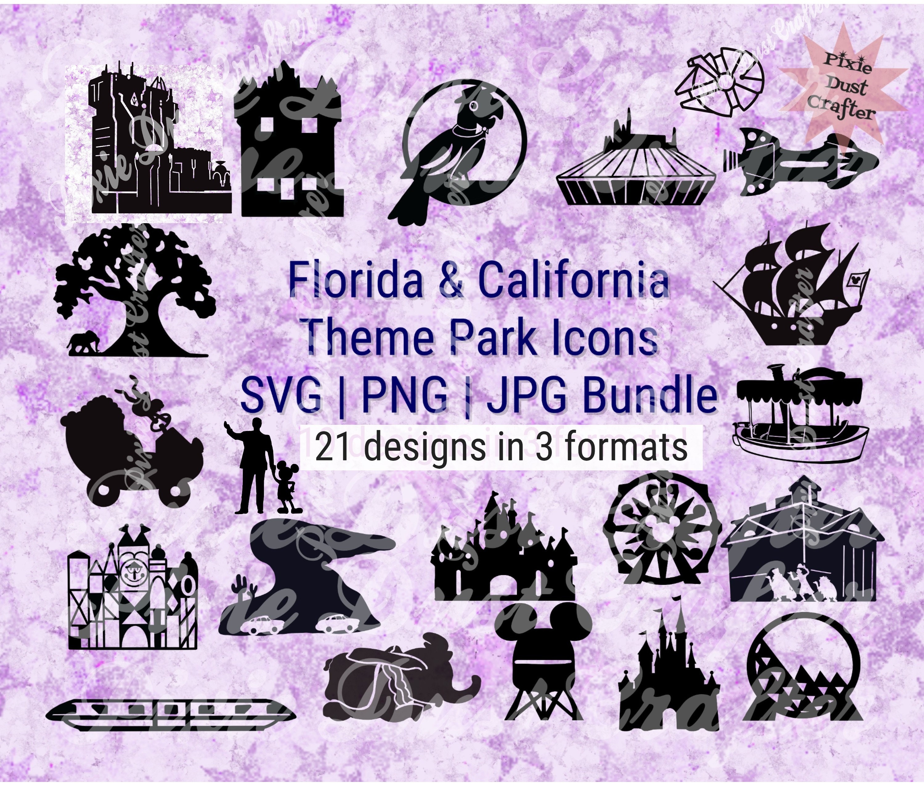 Florida & California Theme Parks Icons Bundle SVG | JPG | PNG for Cricut, Silhouette, Sublimation, Shirts, Tumblers