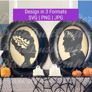 May include: Two black framed plates with white oval inserts. The plates feature black silhouette images of Frankenstein's monster and his bride. The text "Design in 3 Formats SVG | PNG | JPG" is displayed above the plates.