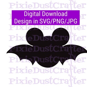 May include: Black silhouette of a bat with Mickey Mouse ears. Digital download design in SVG, PNG, and JPG formats.