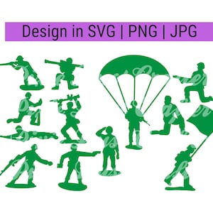 May include: A set of green plastic toy soldiers in various poses, including standing, kneeling, and lying down. Some soldiers are holding weapons, while others are holding flags. There is also a green parachute with a soldier hanging from it.