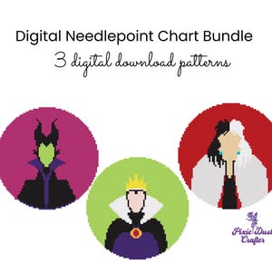 May include: Digital needlepoint chart bundle featuring three digital download patterns. The image shows three circular designs with pixelated illustrations of characters, including a green-faced figure, a queen, and a woman with black and white hair.