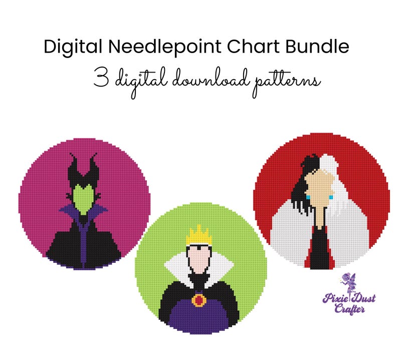 May include: Digital needlepoint chart bundle featuring three digital download patterns. The image shows three circular designs with pixelated illustrations of characters, including a green-faced figure, a queen, and a woman with black and white hair.