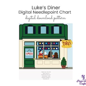 May include: A digital needlepoint chart titled Luke's Diner digital download pattern. The pixel art depicts a diner exterior with a green roof, a door with an OPEN sign, a window showing figures inside, and a yellow sign reading Luke's.