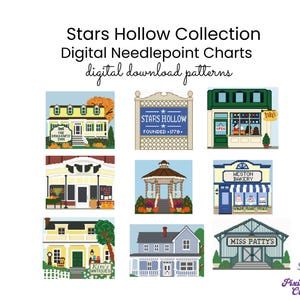 Peut inclure: Stars Hollow Collection Digital Needlepoint Charts digital download patterns présentant neuf illustrations pixelisées de bâtiments et panneaux incluant The Dragonfly Inn, Stars Hollow, Luke's, Weston Bakery, Kim's Antiques et Miss Patty's.