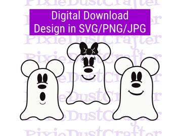 May include: Three black and white ghost silhouettes with Mickey Mouse ears and faces. The center ghost has a bow on its head.