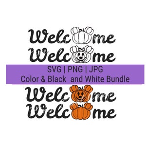 Puede incluir: Un archivo de diseño digital para un letrero de bienvenida con una calabaza en blanco y negro con orejas de Mickey Mouse y una calabaza en blanco y negro con orejas de Mickey Mouse y una cara. El letrero también incluye una versión a color de la calabaza con orejas de Mickey Mouse y una cara.