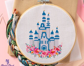 Castle Cross Stitch Pattern: Colorful Floral Design (PDF)
