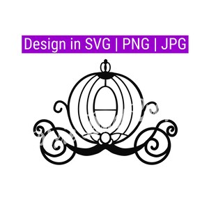 May include: Black and white silhouette of a pumpkin carriage with a crown on top. The carriage has a single window and ornate wheels.