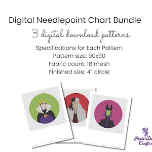 May include: Digital needlepoint chart bundle with three digital download patterns. Each pattern is 90x90, with a fabric count of 18 mesh, and a finished size of a 4-inch circle. The image shows three character designs.