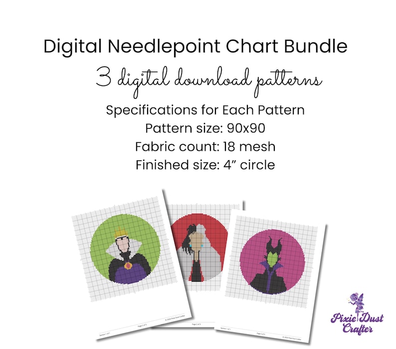 May include: Digital needlepoint chart bundle with three digital download patterns. Each pattern is 90x90, with a fabric count of 18 mesh, and a finished size of a 4-inch circle. The image shows three character designs.
