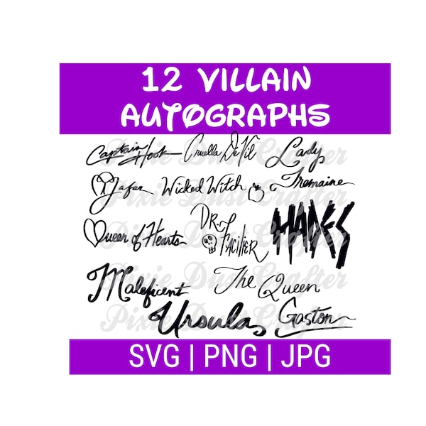 Villain Signature Autograph Set, Character Autographs, SVG | JPG | PNG | Bundle of 12 Names