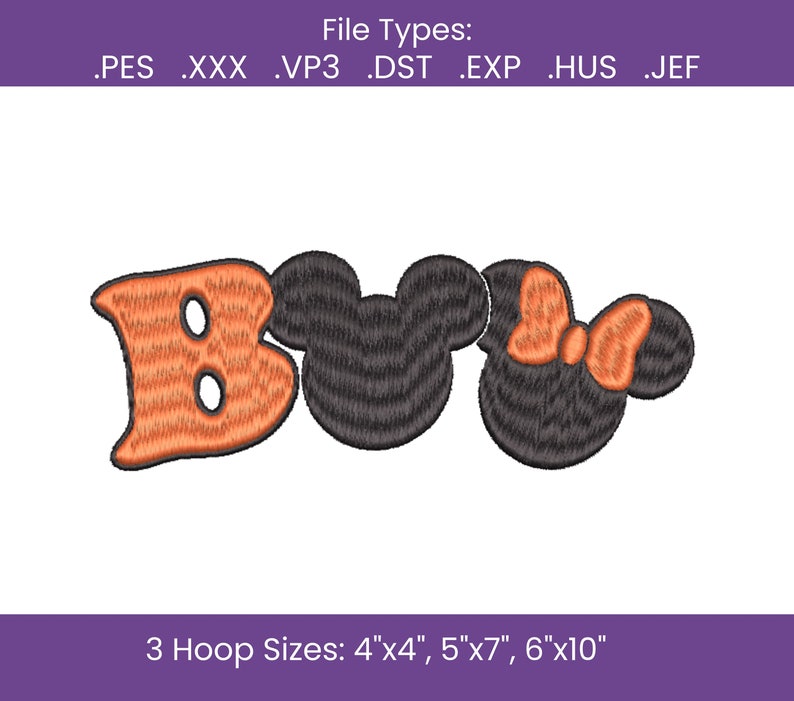May include: Embroidered design of the word "Boo" with a Mickey Mouse and Minnie Mouse head in orange and black. The design is available in three hoop sizes: 4x4 inches, 5x7 inches, and 6x10 inches.
