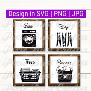 Può includere: Quattro cartelli in bianco e nero con cornice in legno. I cartelli hanno le parole "Wash", "Dry", "Fold" e "Repeat" su di essi. Ogni cartello ha una grafica semplice correlata al bucato.