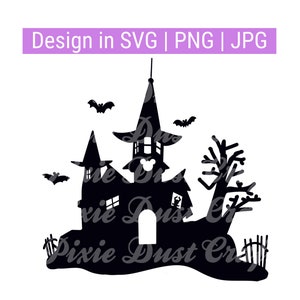 May include: Black silhouette of a haunted house with a Mickey Mouse head on the front, bats flying around it, and a tree to the right. The house is on a hill with a fence in front of it.