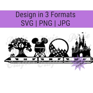 Puede incluir: Silueta negra de un monorail con monumentos icónicos de Disney World, incluyendo el Árbol de la Vida, Spaceship Earth y el Castillo de Cenicienta.